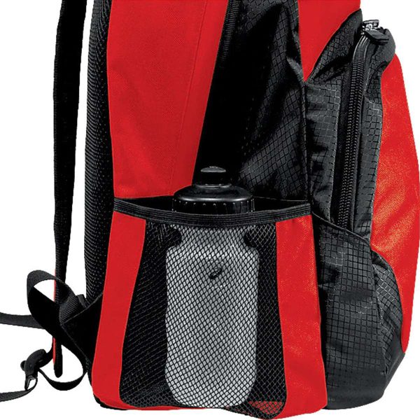 red Asics Team Backpack, side detail with accessories