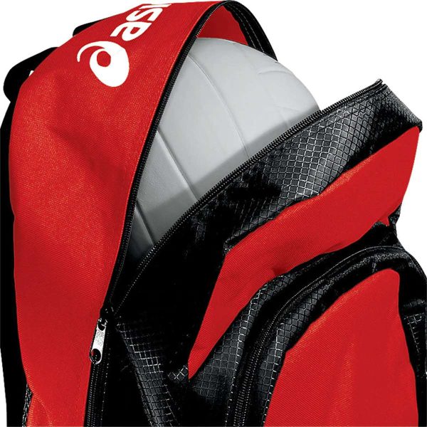 red Asics Team Backpack, open detail with accessories