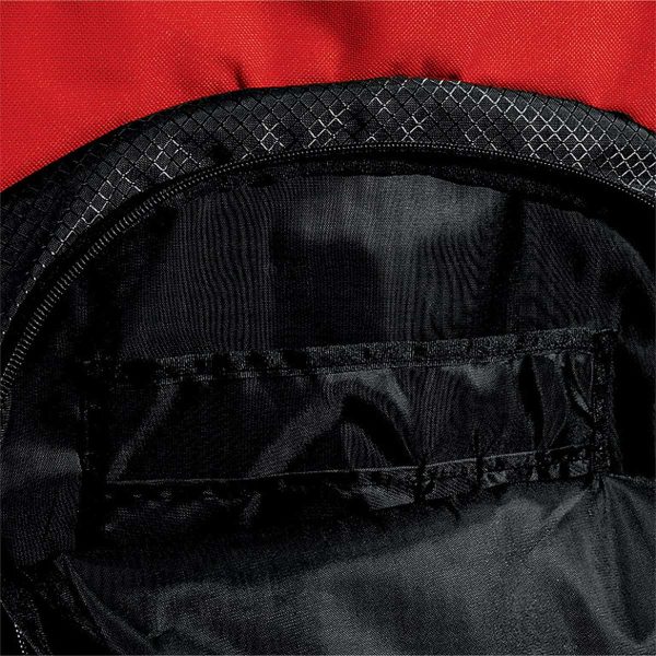 red Asics Team Backpack, open front detail