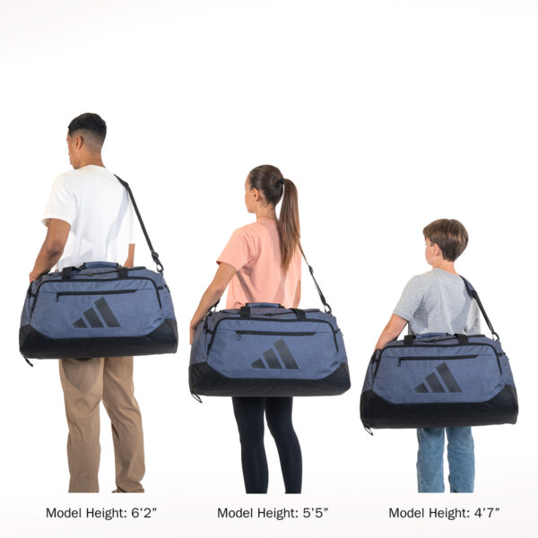 Three models showing size comparison of the adidas Medium Defender 5 Duffel