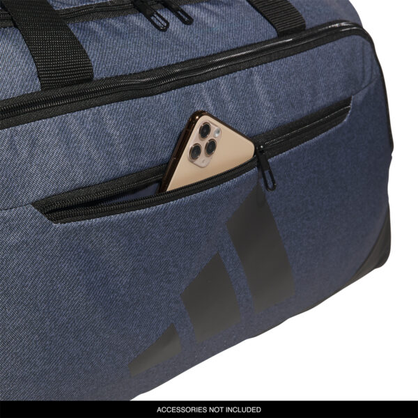 Twill Onix Grey/Black adidas Medium Defender 5 Duffel, pocket detail with a phone for size