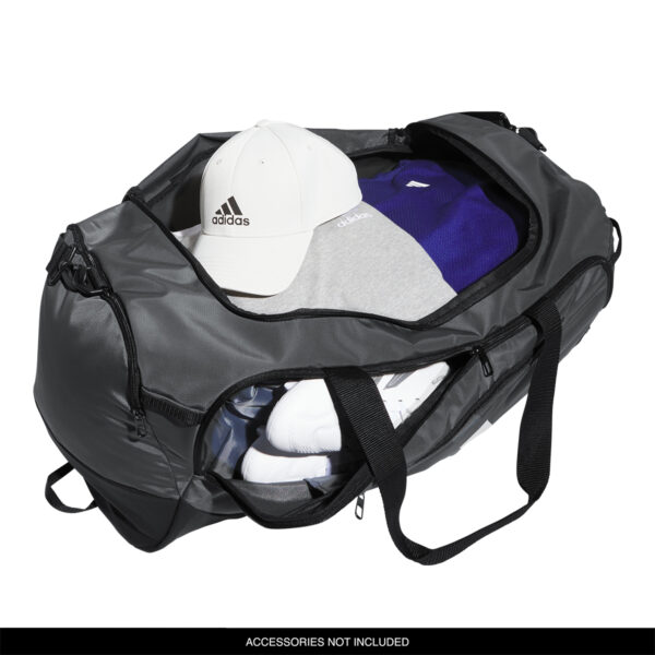 adidas Large Defender 5 Duffel bag with gear, top view