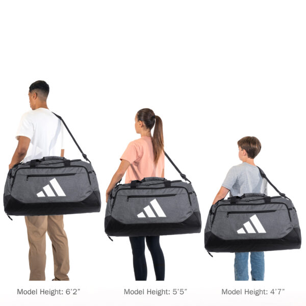 Three models showing size comparison of the adidas Large Defender 5 Duffel