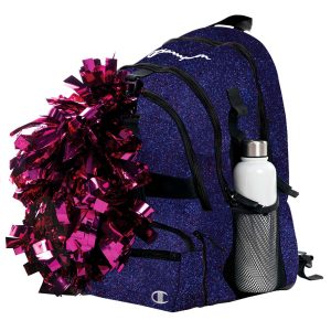 midnight/black Champion Squad Glitter Backpack, front three-quarters view with accessories