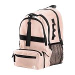 rose gold/black champion squad glitter backpack, angled view