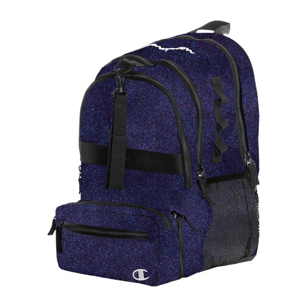 midnight/black Champion Squad Glitter Backpack, front three-quarters view