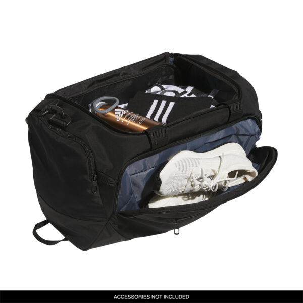 black adidas Small Defender 5 Duffel, top view filled with gear