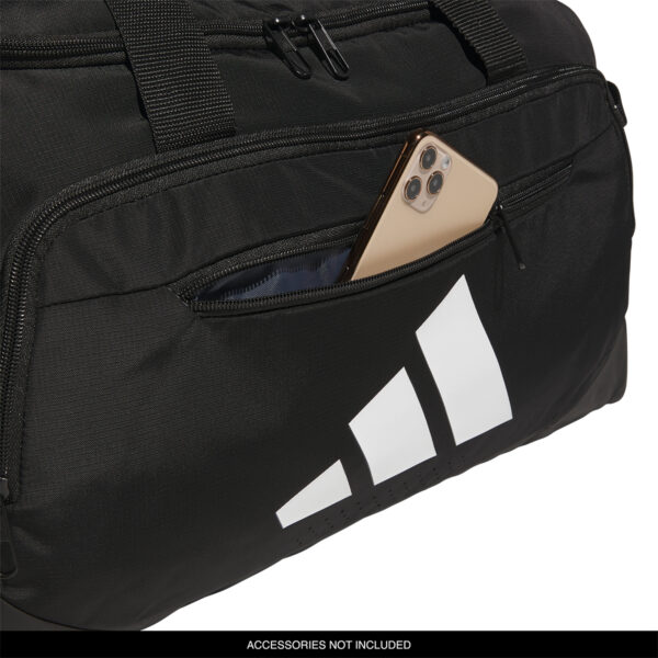 black adidas Small Defender 5 Duffel, front detail with phone