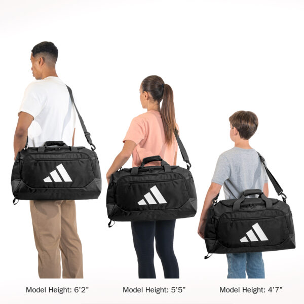 Three models showing size comparison of the adidas Small Defender 5 Duffel