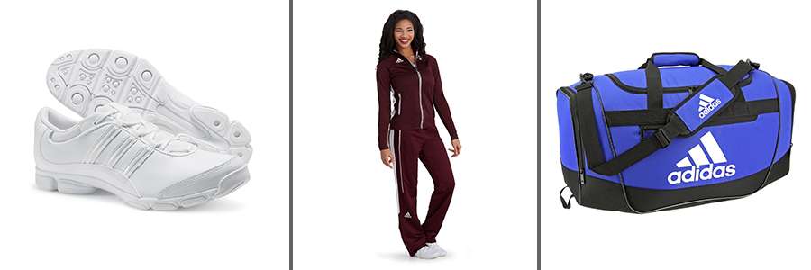 Complete your new adidas custom uniform look with the adidas Cheer Sport shoes, Climalite Utility Jacket and Pant, and Defender III Duffel bag.
