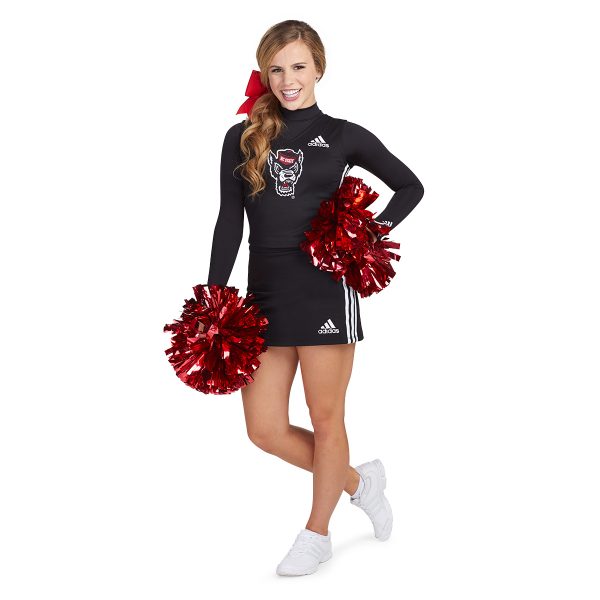 model wearing a black and white adidas custom cheer uniform and holding red metallic poms