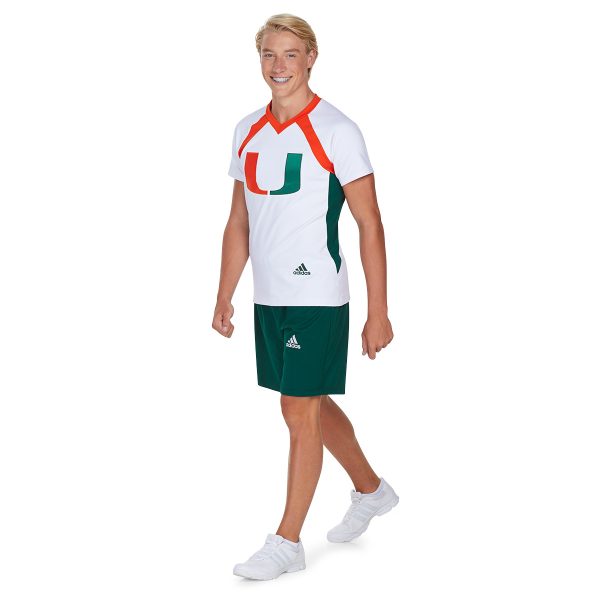 model wearing adidas custom cheer uniform top and shorts