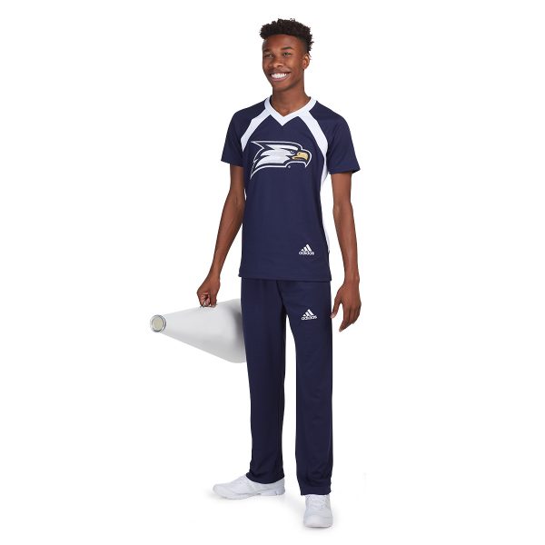 model wearing adidas-custom-cheer-uniform and holding megaphone