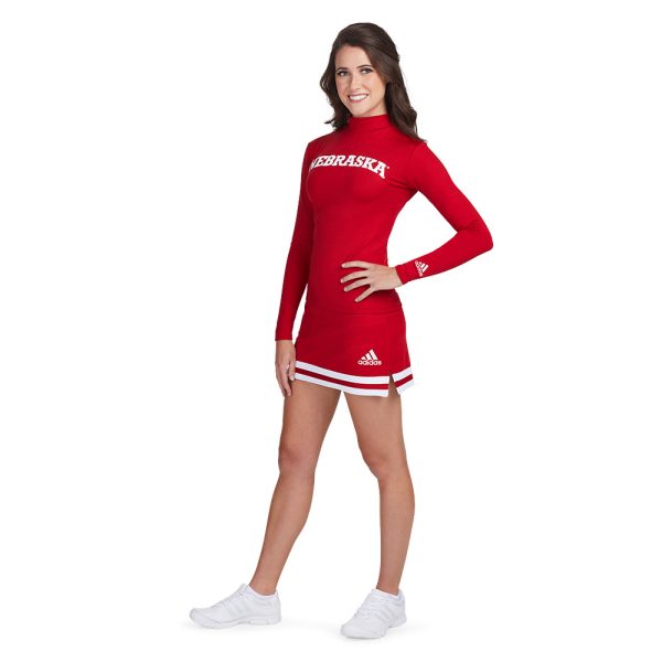 model wearing a red adidas custom cheer uniform, front view