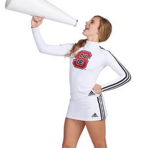 model wearing adidas custom cheer uniform, yelling into megaphone
