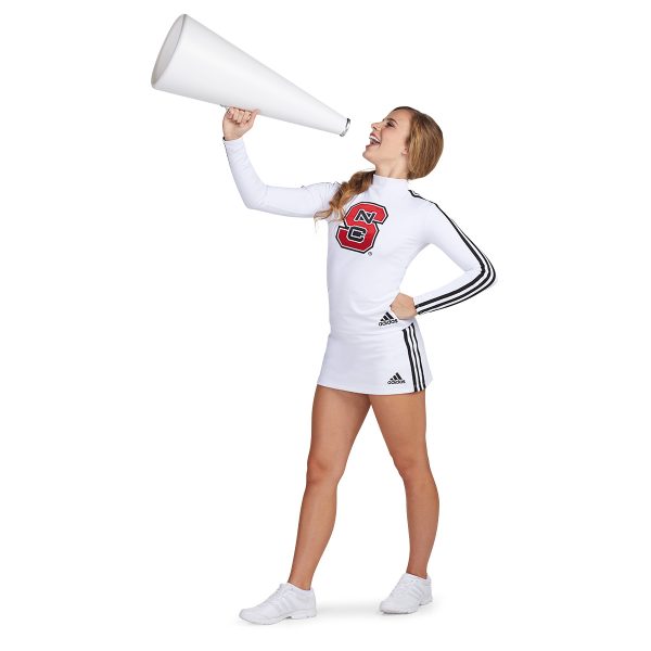 model wearing adidas-custom-cheer-uniform and yelling into megaphone