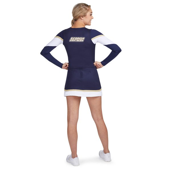 model wearing adidas custom cheer uniform, back view