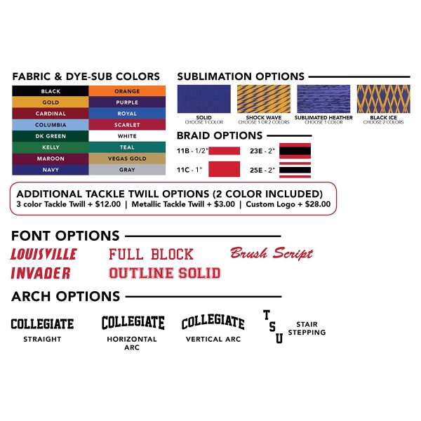 adidas custom cheer uniform options for fabric and dye sub colors, and decoration options, for assistance contact our sales team