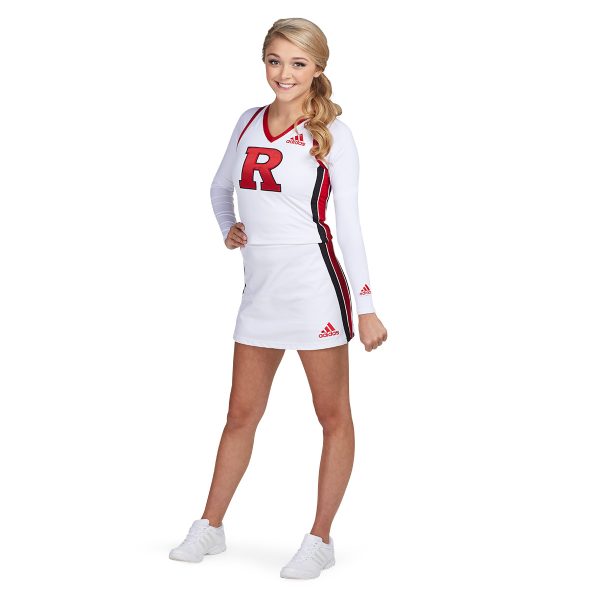model wearing an adidas custom cheer uniform, front view