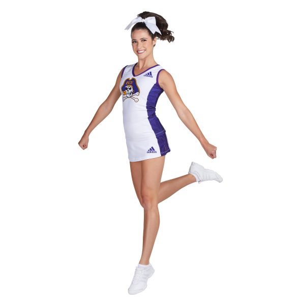 model in mid-jump wear an adidas dye-sublimated custom cheer uniform skirt, three-quarter view