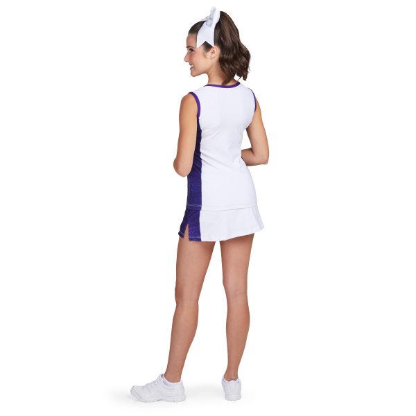 model in mid-jump wear an adidas dye-sublimated custom cheer uniform skirt, back view