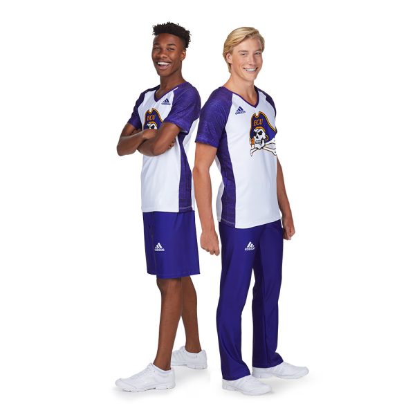 two male models with purple and white custom adidas cheerleading uniforms, three-quarter view