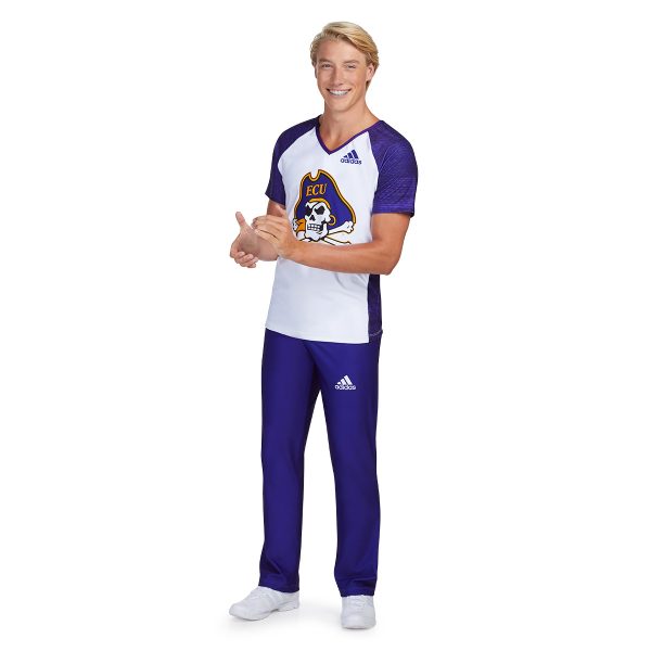 male model wearing purple and white custom adidas cheerleading uniform with pirate skull logo, three-quarter view