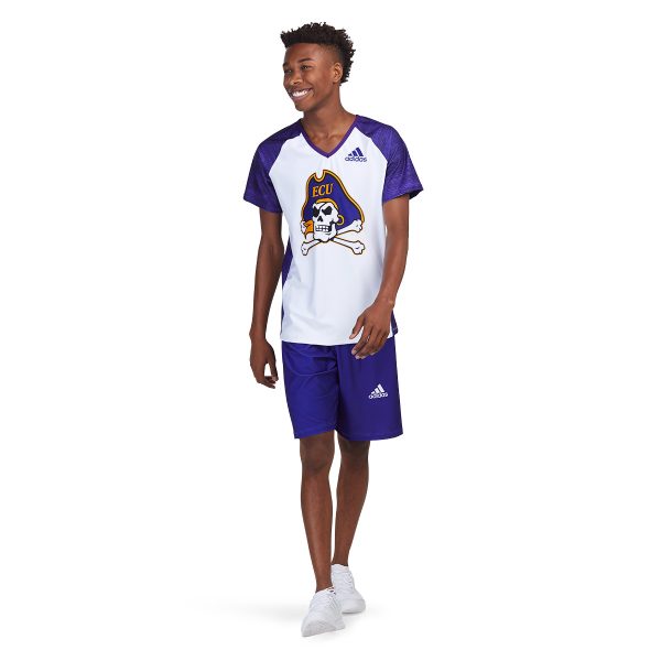 male model wearing purple and white custom adidas cheerleading uniform with pirate skull logo, front view