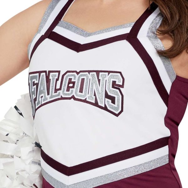 Cheerleader posing in Maroon/White Augusta Pike Skirt and coordinating top, front detail
