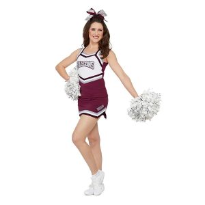 Cheerleader posing in Maroon/White Augusta Pike Skirt and coordinating top, front three-quarters view