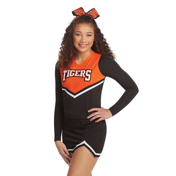 Cheerleader posing in Augusta Energy Skirt and coordinating top, front three-quarters view