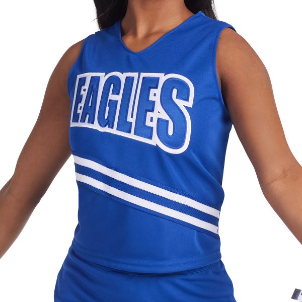 pretty model wear a Augusta Cheer Squad cheerleading uniform front detail that says eagles