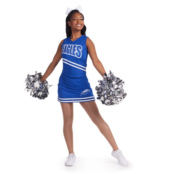 pretty model wear a Augusta Cheer Squad cheerleading uniform holding silver poms poms front view