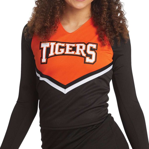 cheerleader wearing Augusta Pride Cheer Shell holding orange pom poms, front detail
