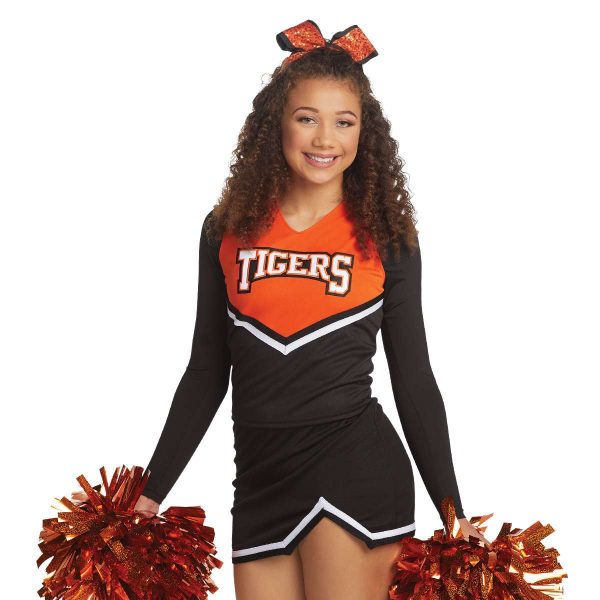 cheerleader wearing Augusta Pride Cheer Shell holding orange pom poms, front view