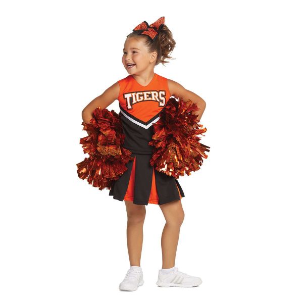 young cheerleader in Augusta Pride Cheer Shell and Pleated Skirt holding poms, front view