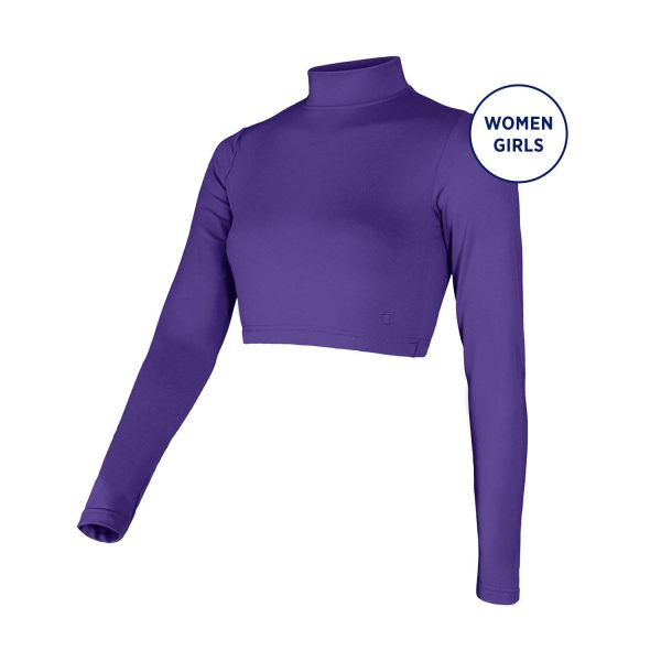 purple long sleeve Champion Mock Neck Crop Top, front three-quarters view