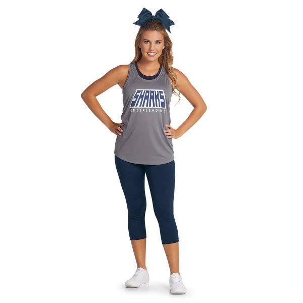 model posing in navy Augusta Hyperform Compression Capris, front view