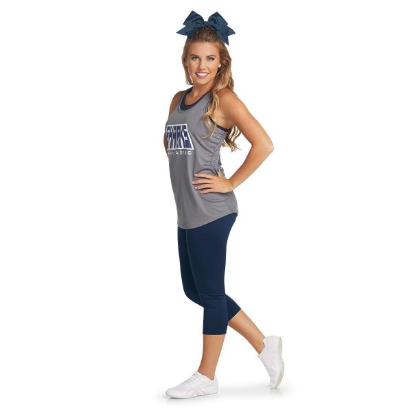 model posing in navy Augusta Hyperform Compression Capris, front side view