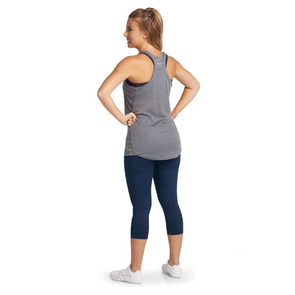 model posing in navy Augusta Hyperform Compression Capris, back view