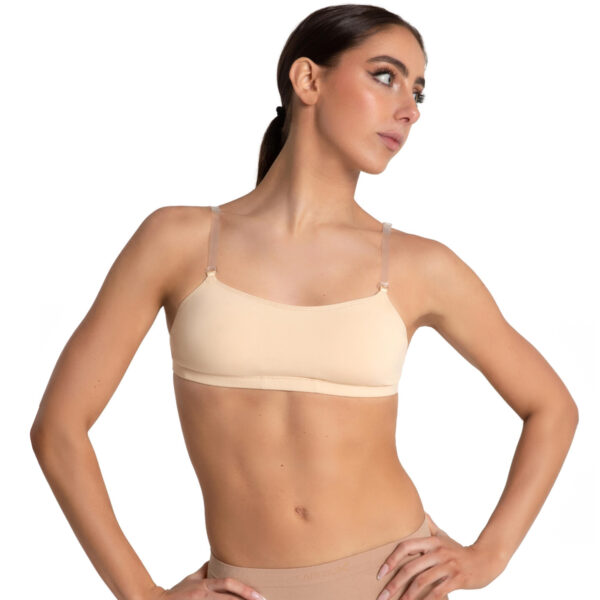 Tan Capezio Adjustable Camisole Bra with with caucasian model, front view
