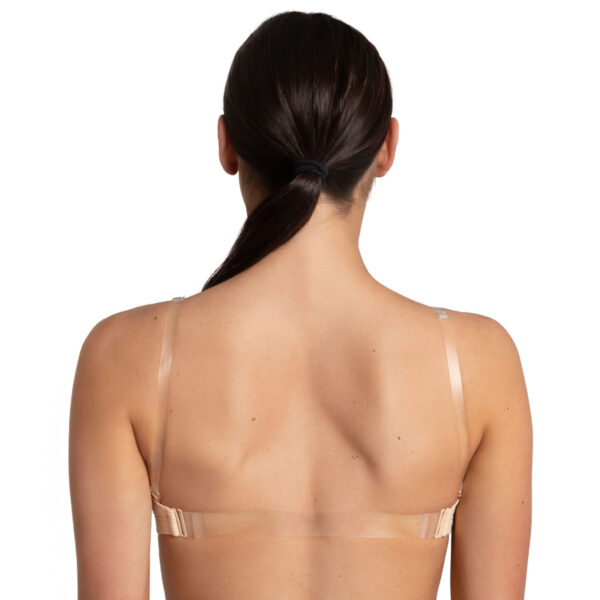 Tan Capezio Adjustable Camisole Bra with with caucasian model, back view