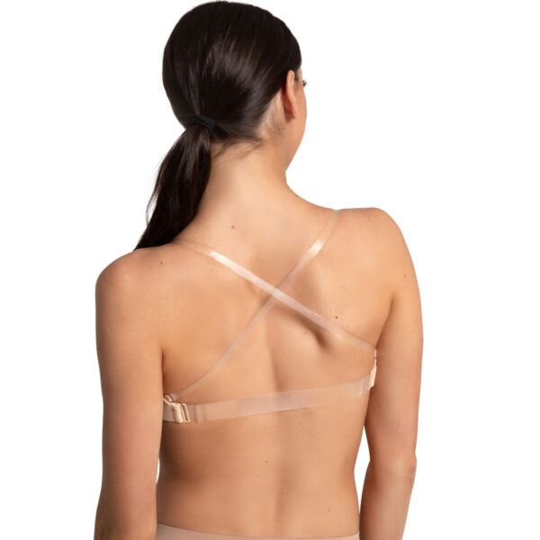 Tan Capezio Adjustable Camisole Bra with with caucasian model, back view with cross straps