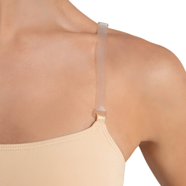 Tan Capezio Adjustable Camisole Bra with with caucasian model, front shoulder strap detail