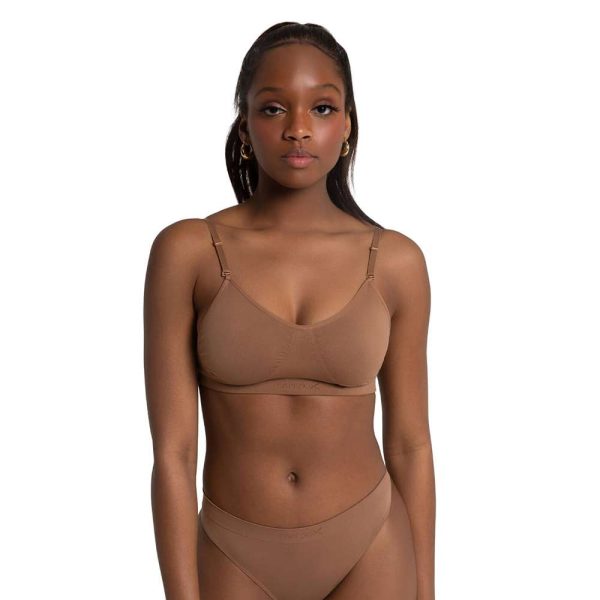 Mocha Capezio Seamless Clear Back Bra, front view