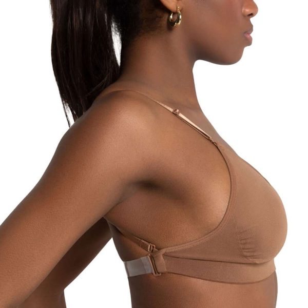 Mocha Capezio Seamless Clear Back Bra, side detail