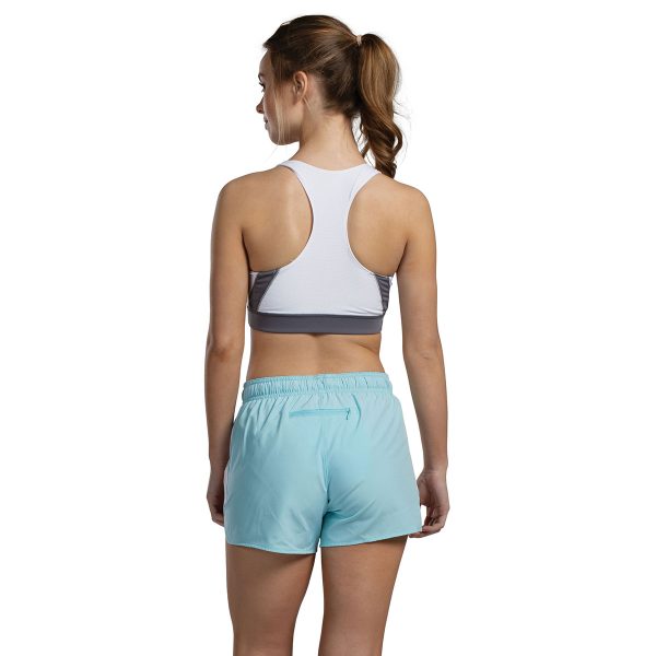 model wearing a grey/white augusta all sport sports bra with aqua shorts, back view