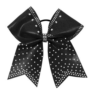 metallic black cheer bow with silver rhinestones and nail-heads