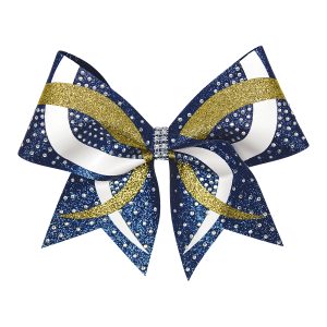glitz cheer bow with glitter and mini rhinestones in navy, gold, and white