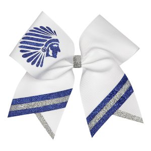 glitter mascot cheer bow in white with blue and silver glitter stripes